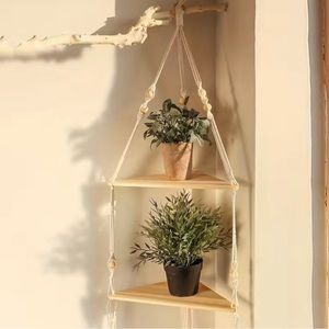 Macrame two tier hanging corner shelf